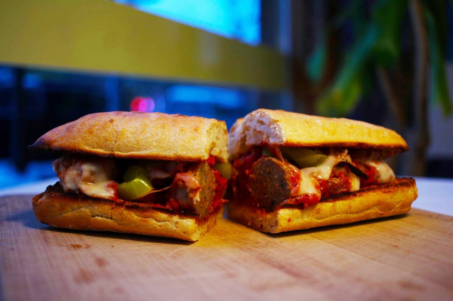 Dr. Strangelove hot meatball sandwich with marinara and melted provolone